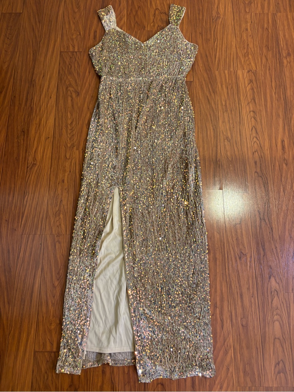 NWT Baltic Born Marilyn Sequin Maxi Gown Taupe Iridescent Slit Womens XL